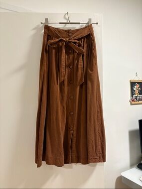 High-Waist Brown Button-Front Midi Skirt with Self-Tie Belt